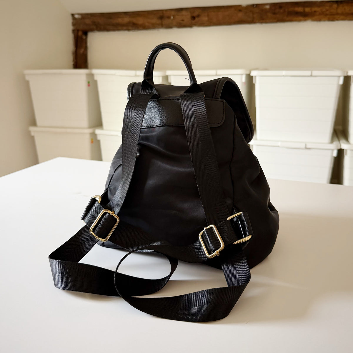Nylon Faux Leather Trim Drawcord Mini Bucket Backpack Black