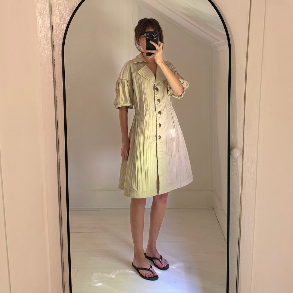 Worth Pleated Puff Sleeve Button Front A-Line Shirt Dress Size P