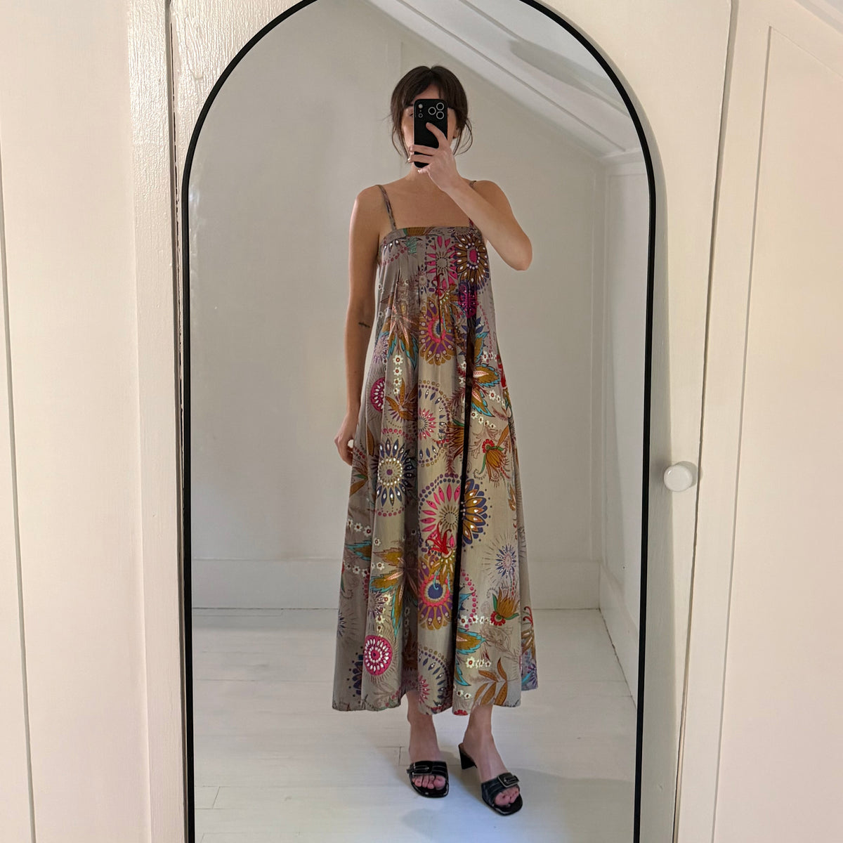 Antik Batik Vintage Y2K Rhinestone Embellished Floral Midi Dress Grey Size M