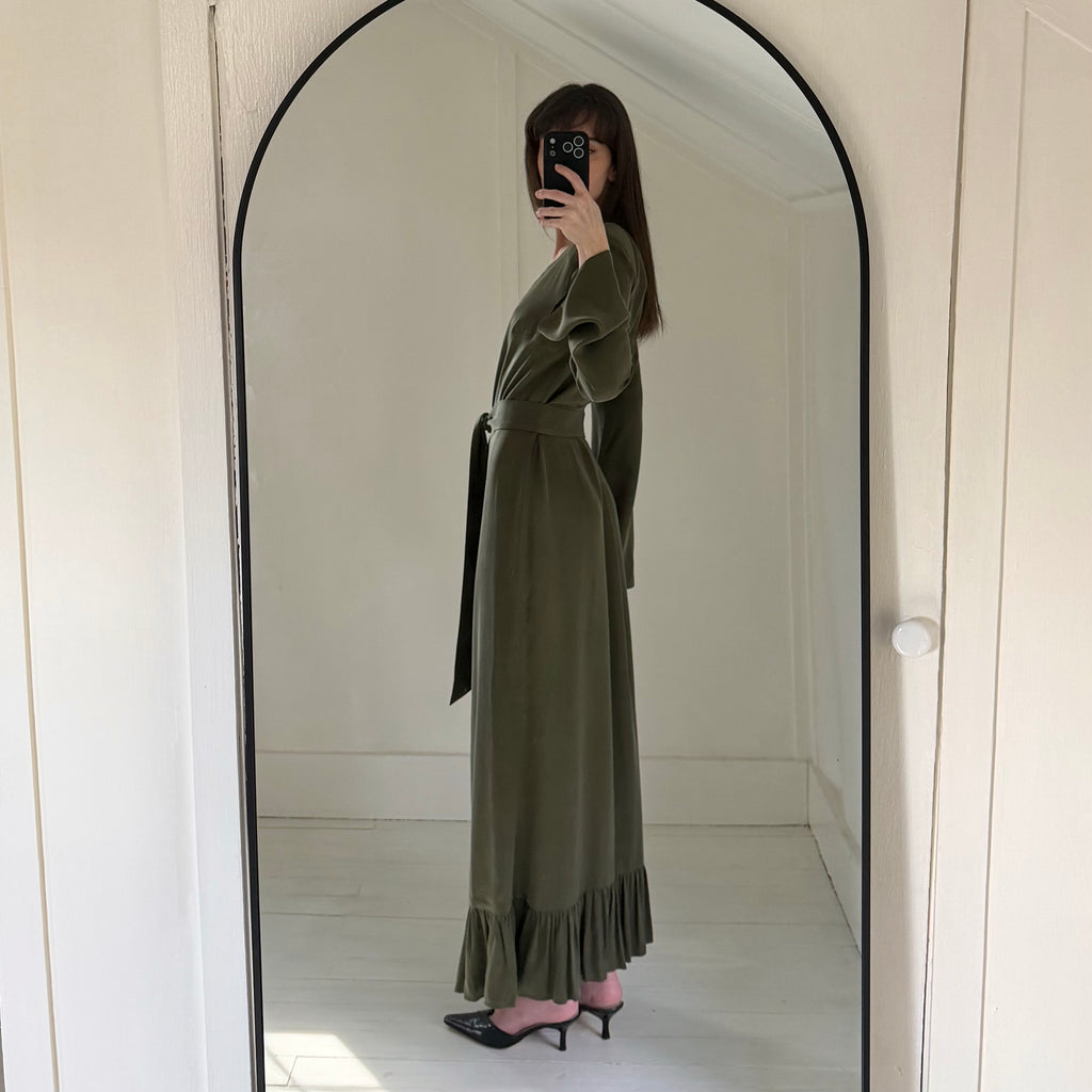 Omid by Hadar The Leah Satin Maxi Wrap Dress in Olive Green Size XS