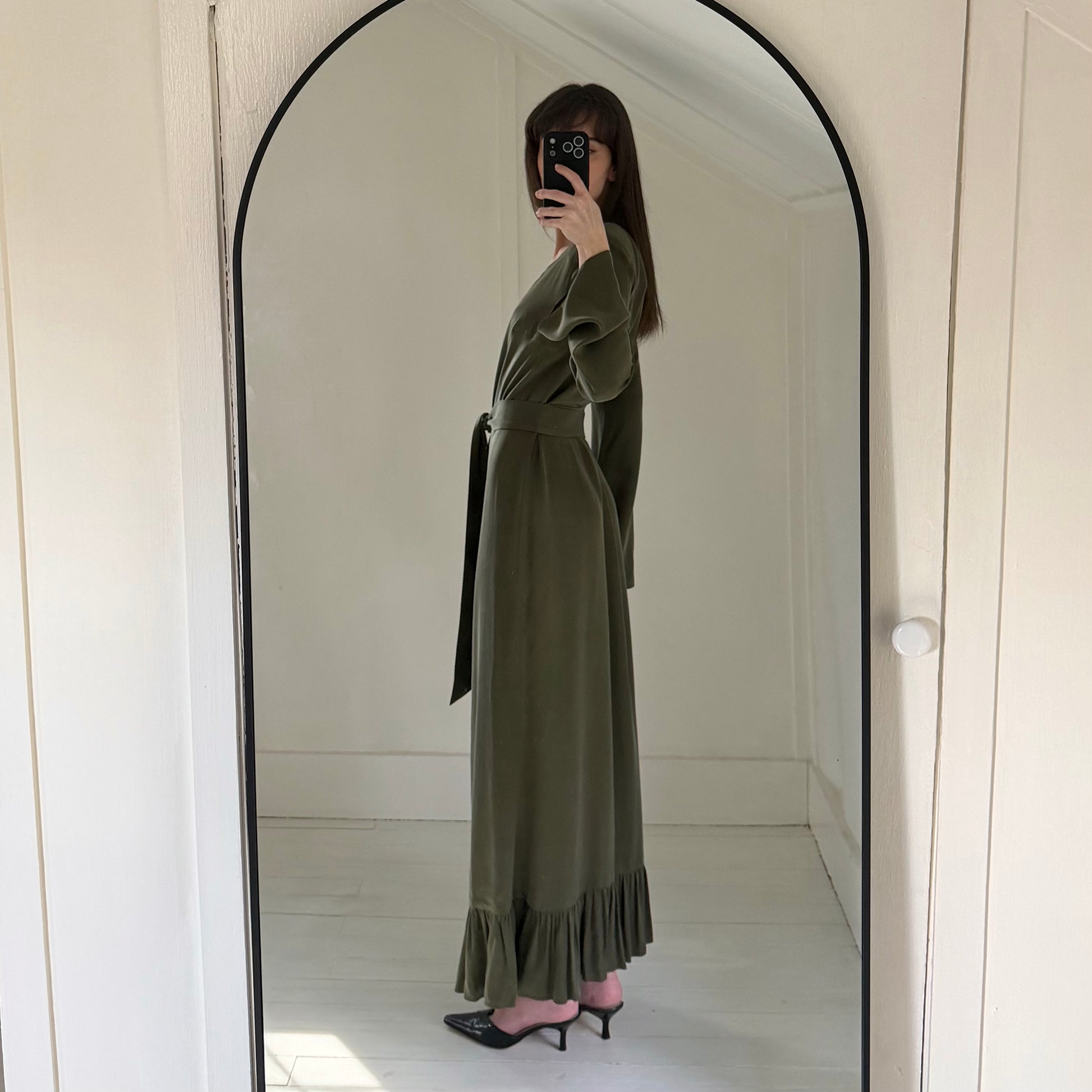 Omid by Hadar The Leah Satin Maxi Wrap Dress in Olive Green Size XS