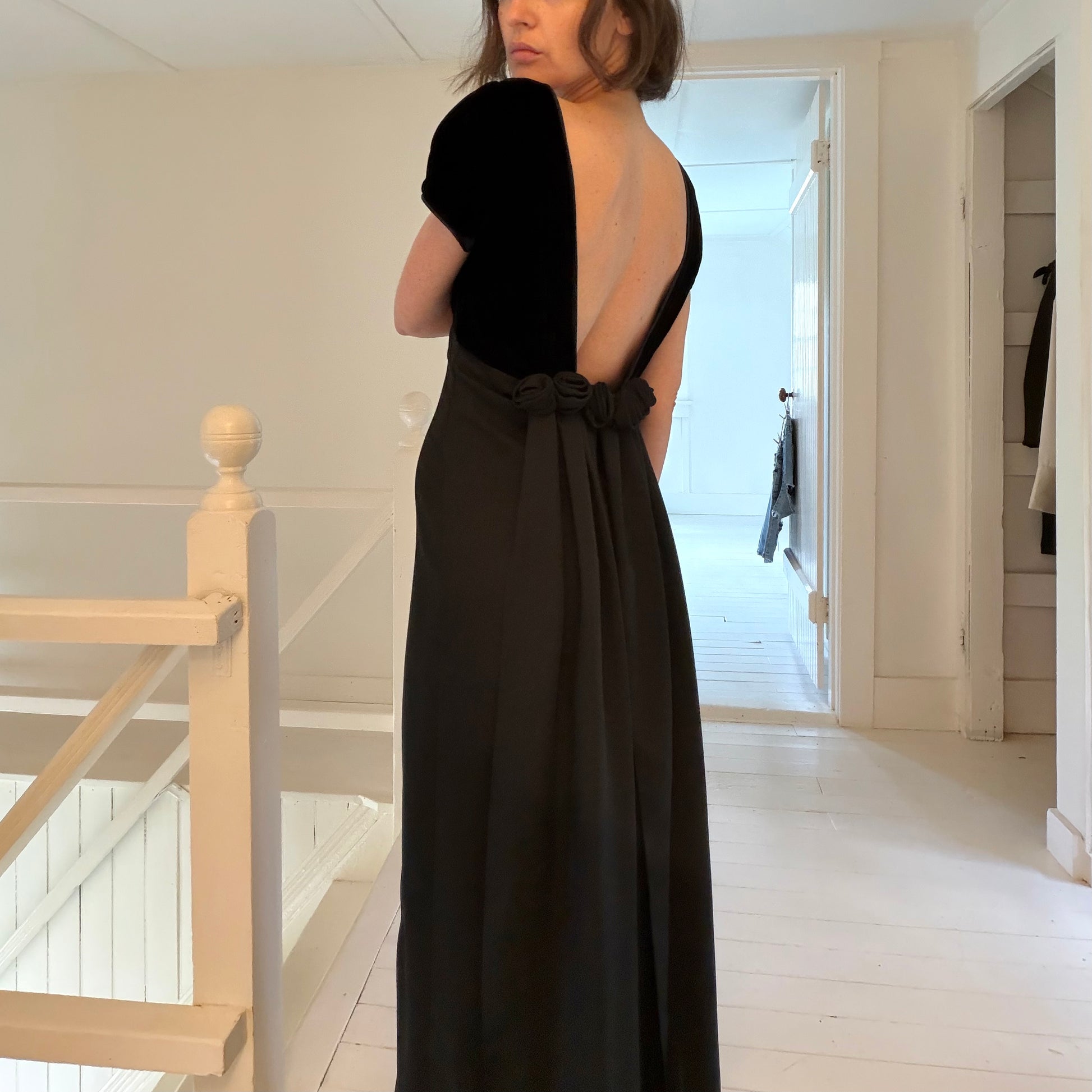 Vintage 90s Velvet Combo Rosette Empire Waist Maxi Dress Size 9-10