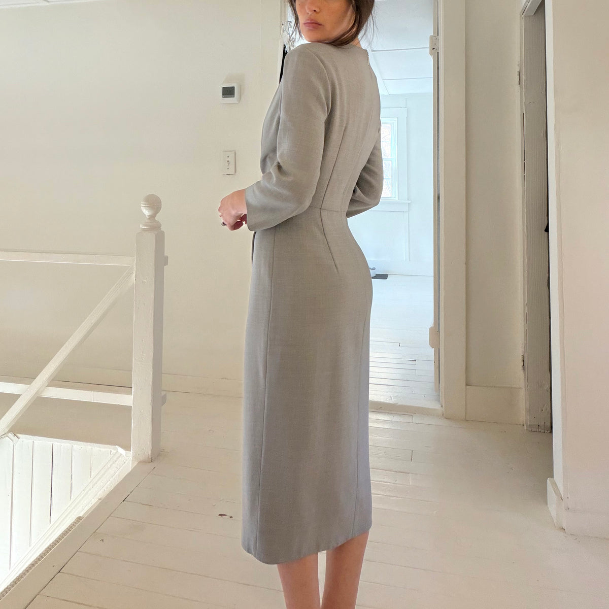 Jason Wu Draped Wool Canvas Midi Pencil Dress Grey Size 6