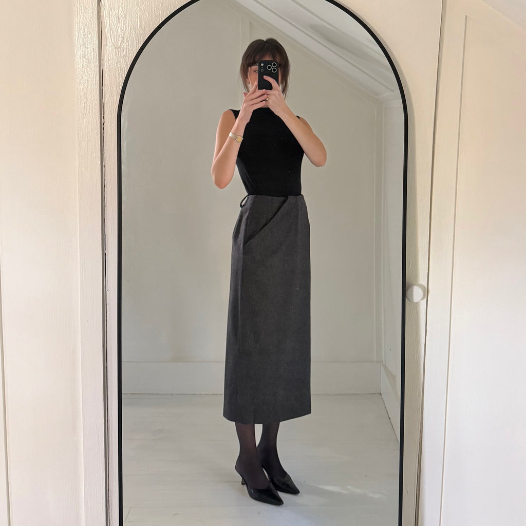 Anne Klein x Saks Fifth Avenue Vintage 90s Wool Midi Wrap Skirt Grey Size 4