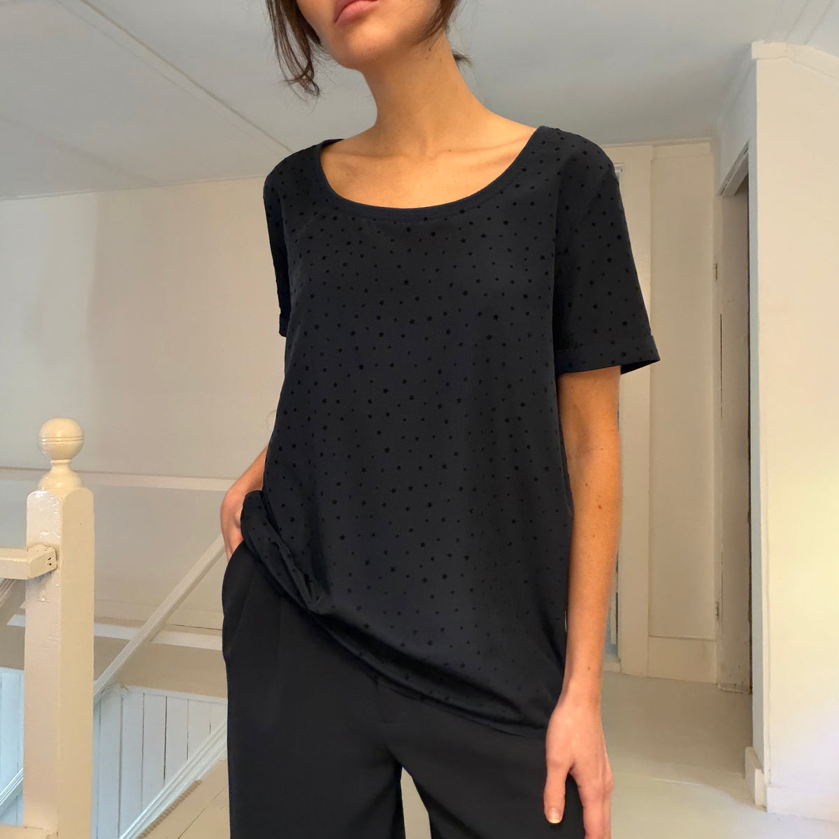 Maison Scotch Swiss Dot Star Print Short Sleeve Top Size 2 Navy