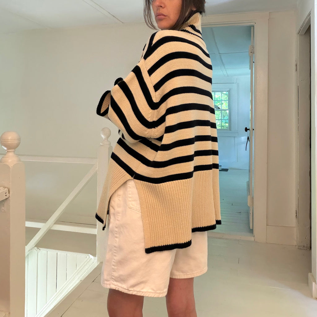 Toteme Signature Stripe Wool Turtleneck Sweater in Light Sand Size M