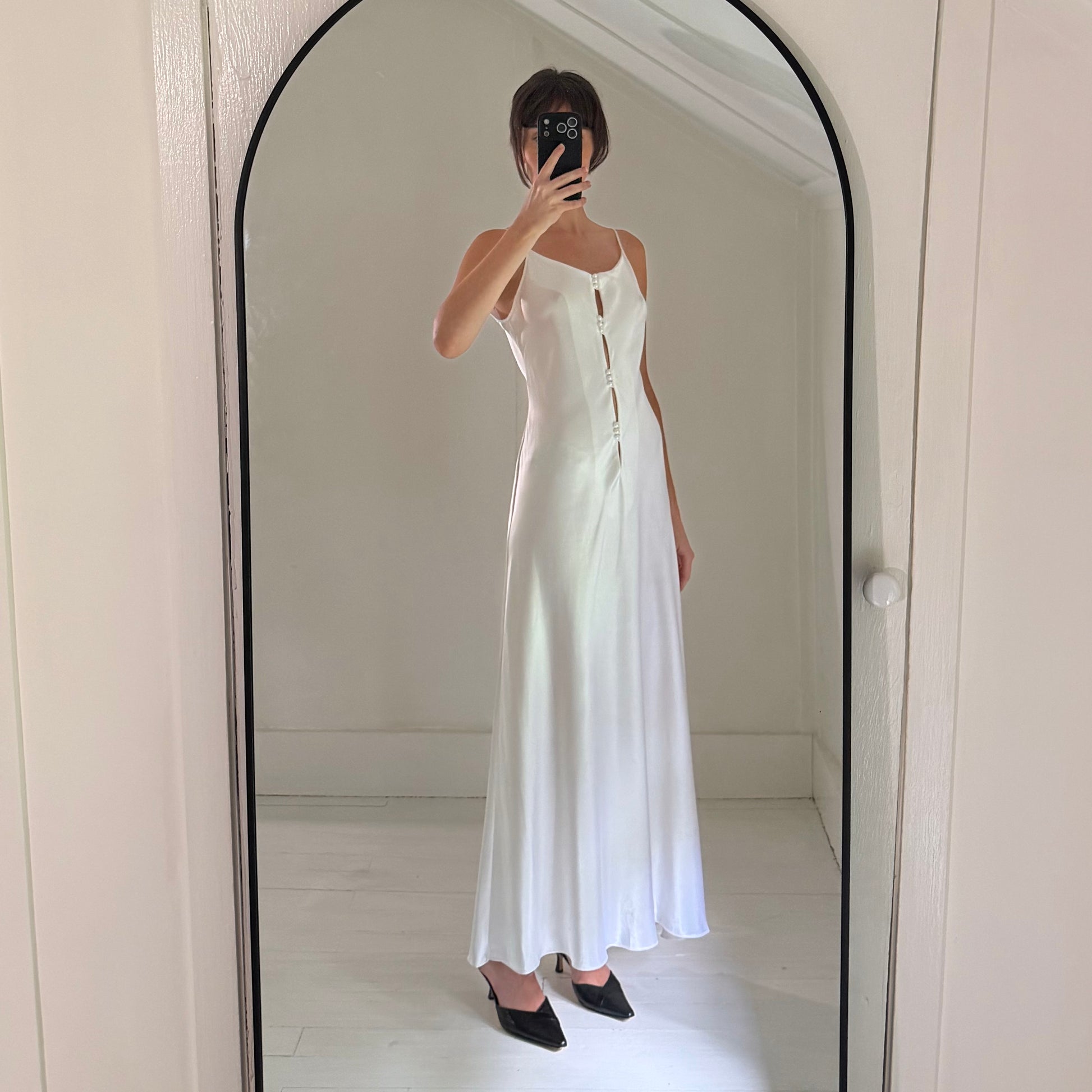Miss Dior Lingerie Vintage 60s Satin Pearl Button Midi Slip Dress Size P