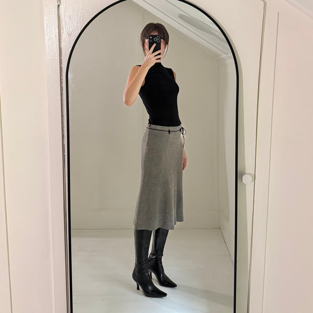 Powder Blu Vintage Y2K Herringbone Belted Midi Skirt Size 5 Grey