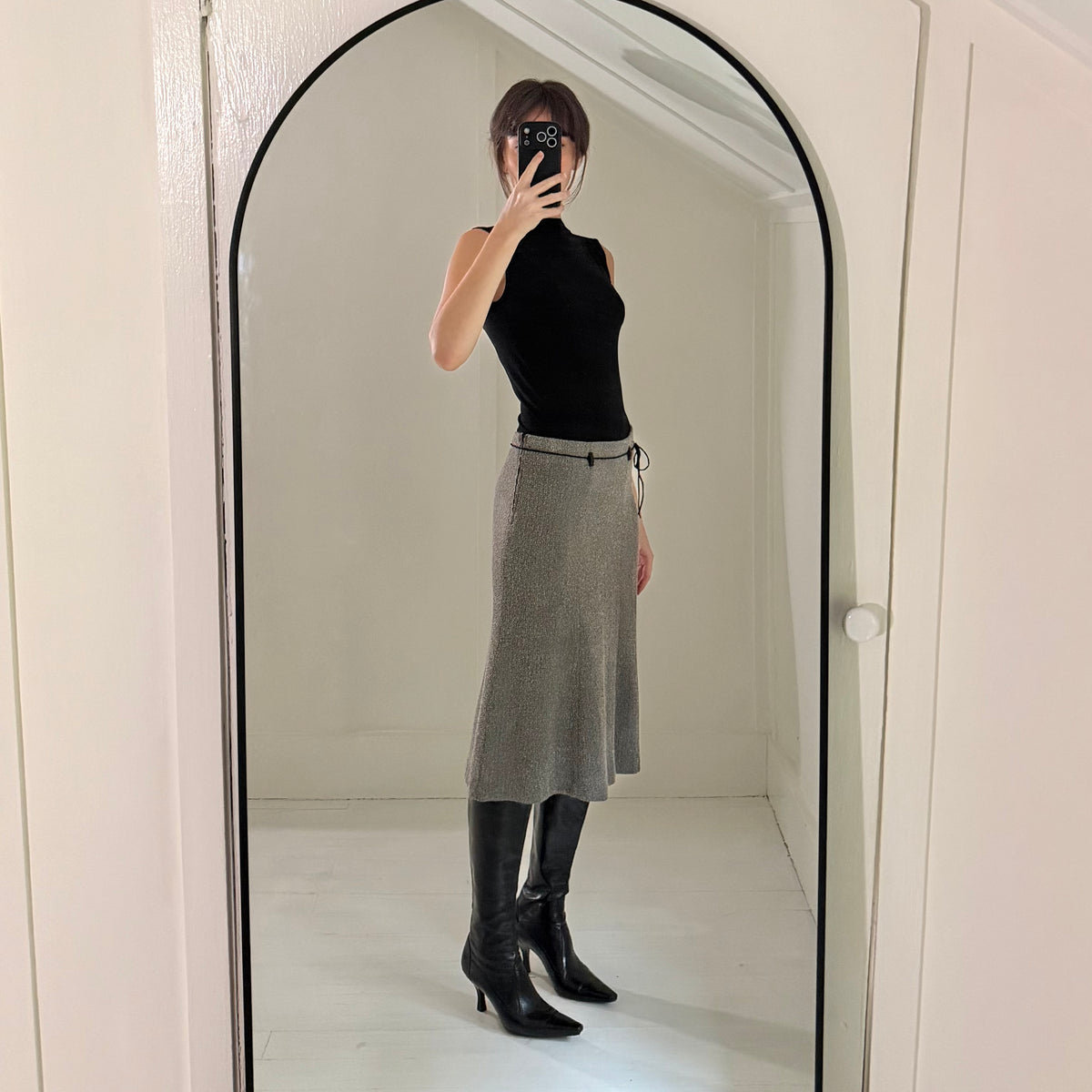Powder Blu Vintage Y2K Herringbone Belted Midi Skirt Size 5 Grey