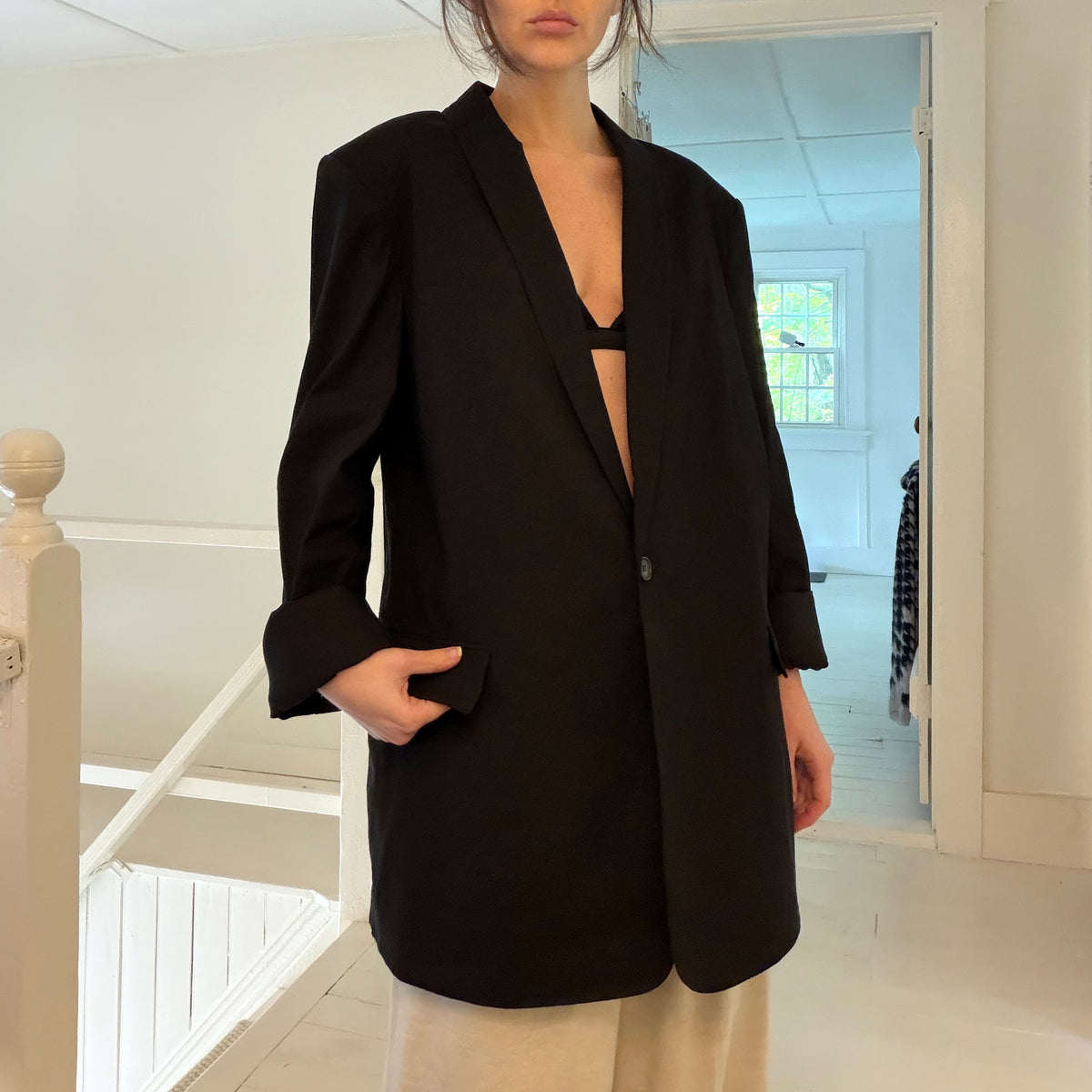 Theory Rolled Sleeve Shawl Collar Blazer in Black Good Linen Size 16