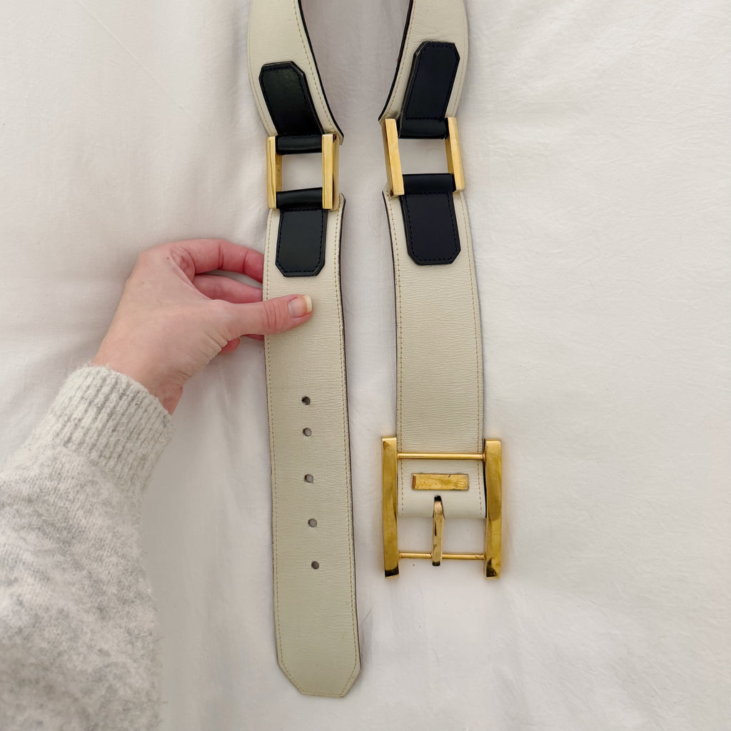 Saks Fifth Avenue Vintage 80s Leather Gold Buckle Waist Belt White/Black Size S