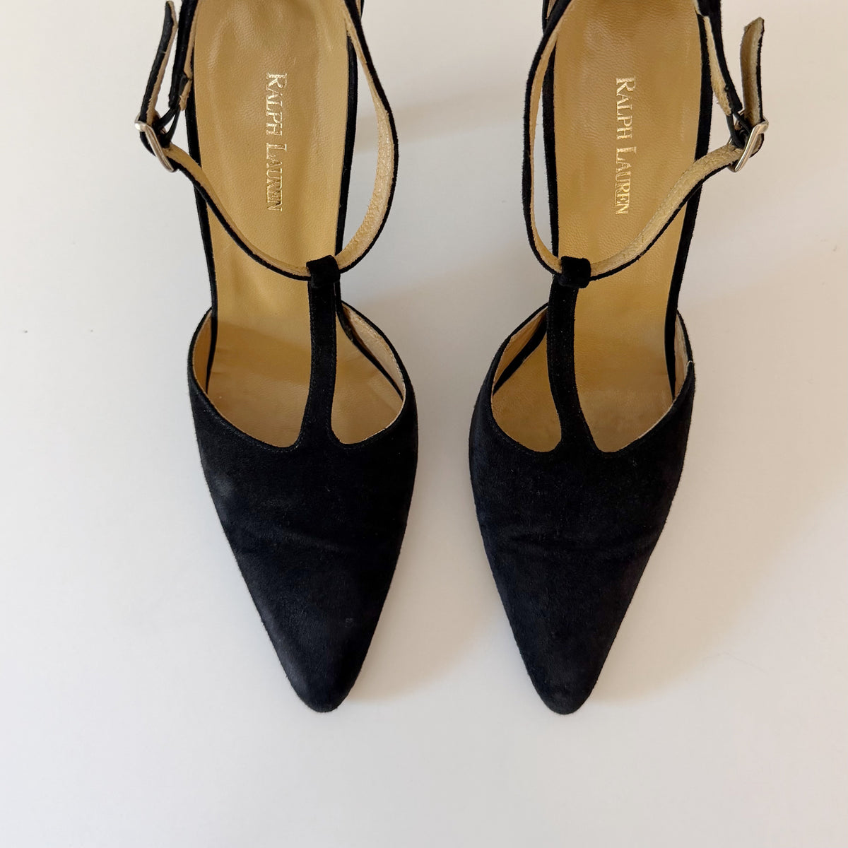 Ralph Lauren Suede Pointed Toe T-Strap Heels Black Size 7