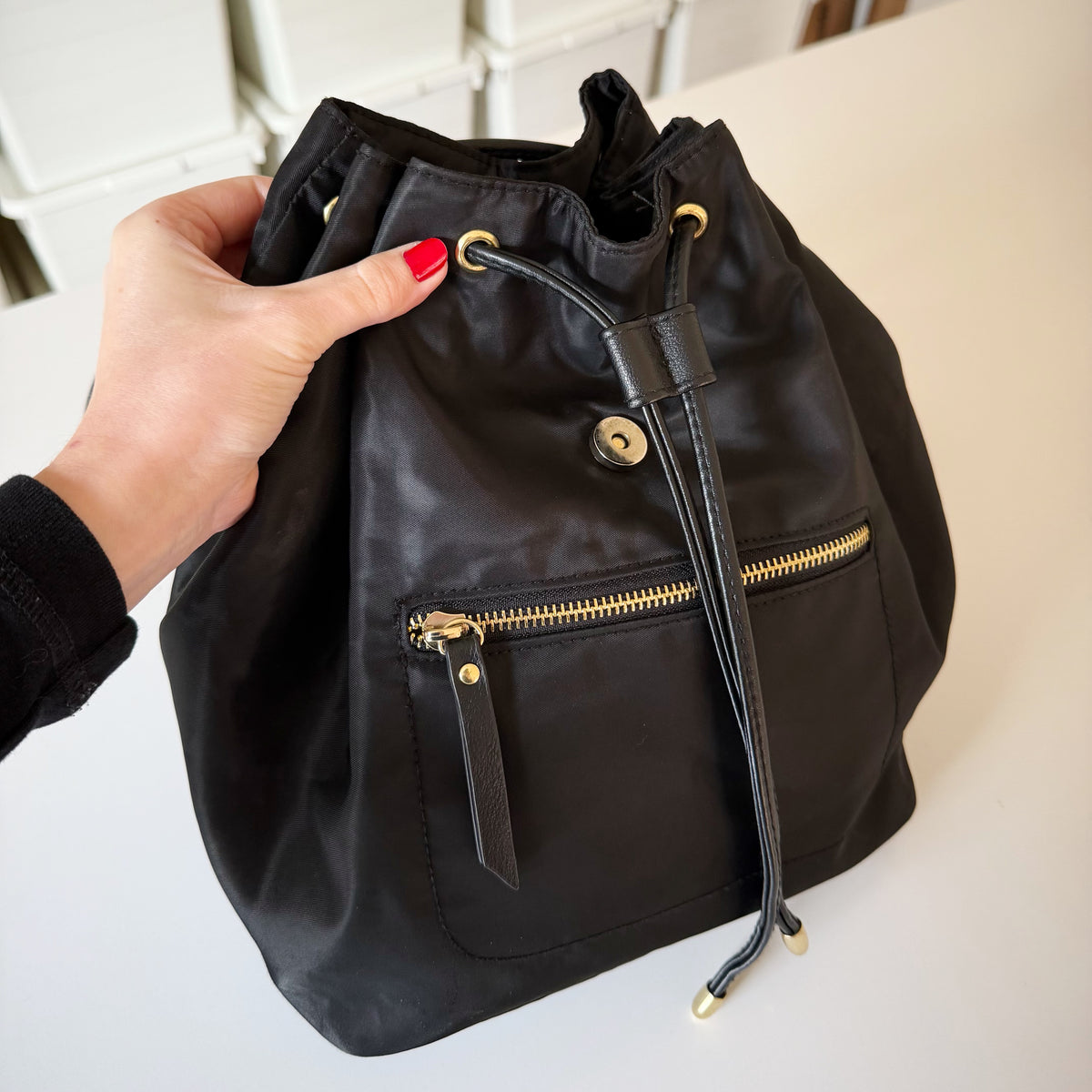 Nylon Faux Leather Trim Drawcord Mini Bucket Backpack Black