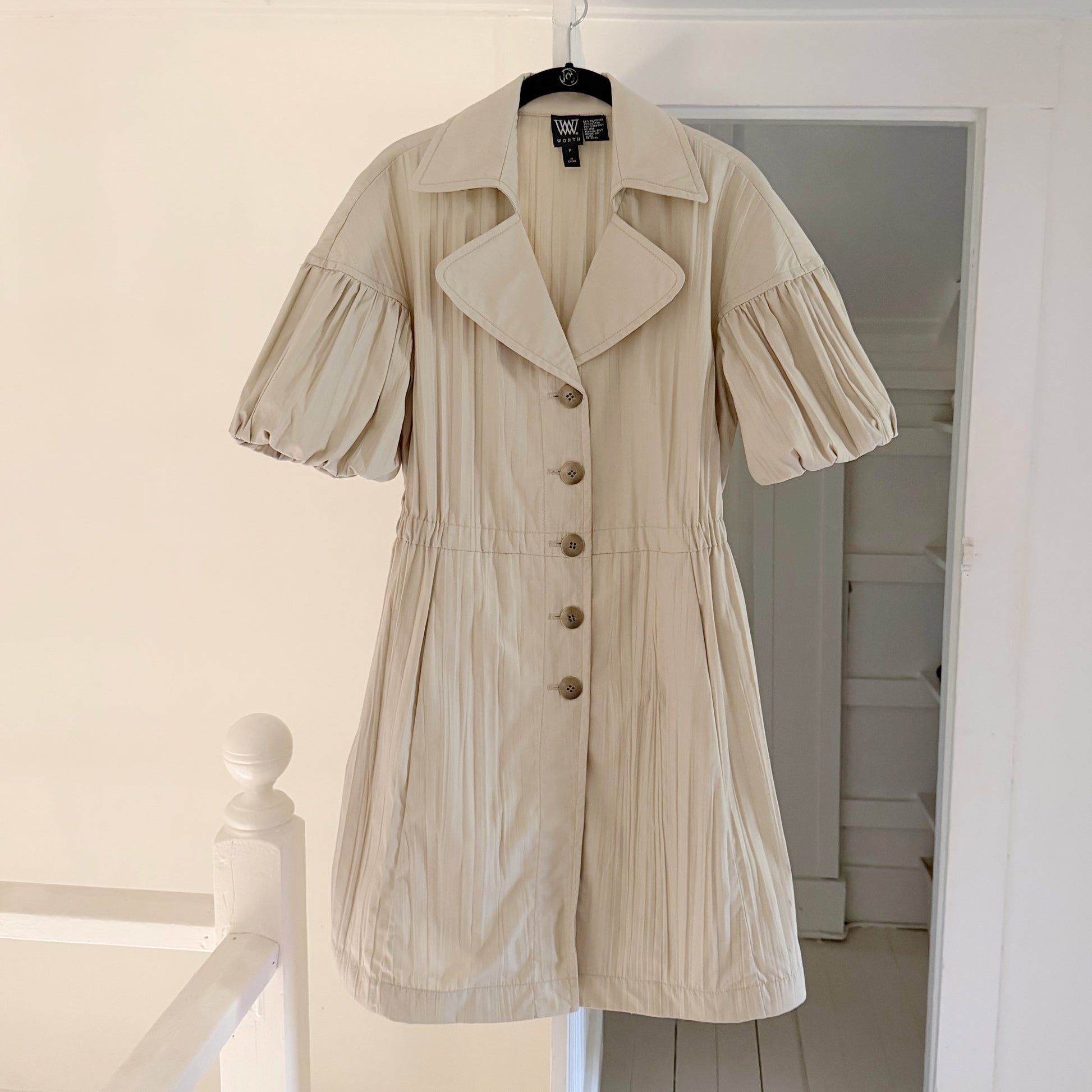 Worth Pleated Puff Sleeve Button Front A-Line Shirt Dress Size P