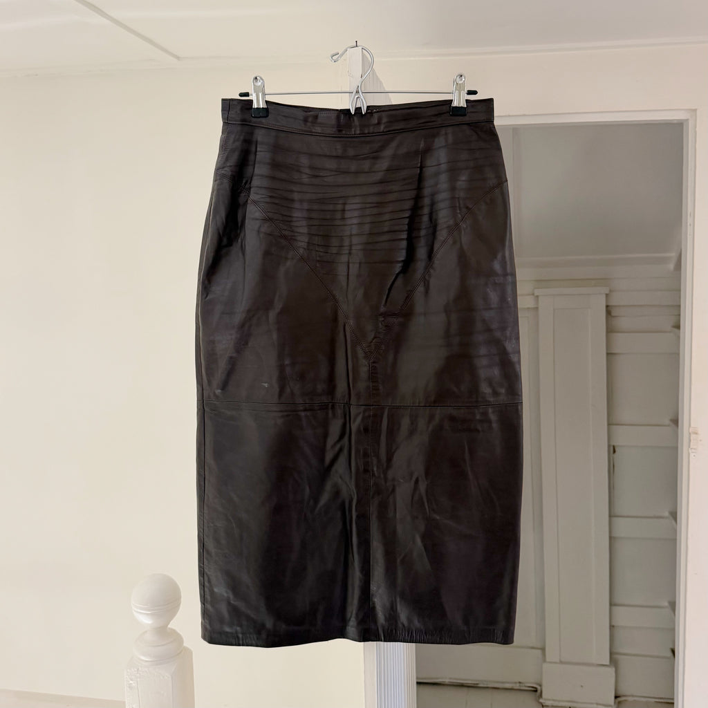 Lela Leather Vintage 80s Midi Pencil Skirt Size 11/12 Brown