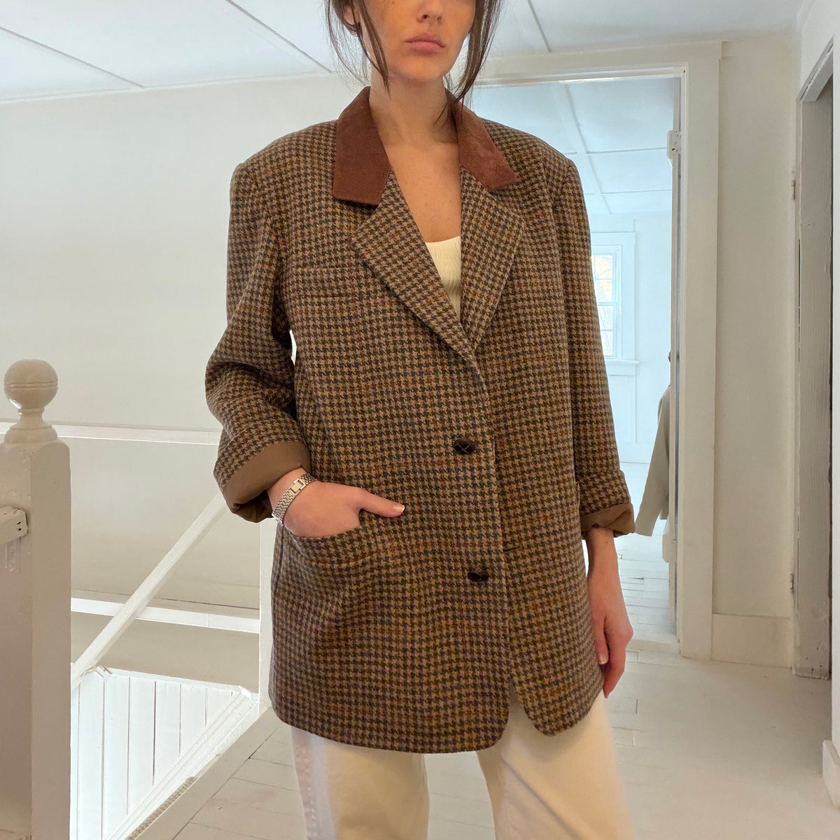 International Scene Vintage 90s Wool Tweed Houndstooth Blazer Jacket Size 5/6