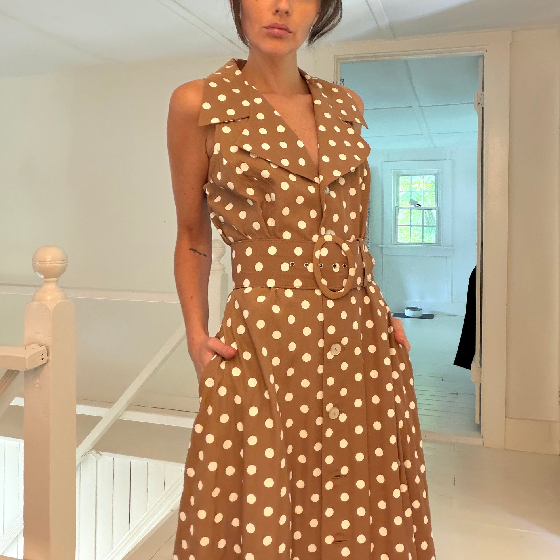 All That Jazz Vintage 90s Polka Dot Belted Buttoned Midi Dress Size 9/10