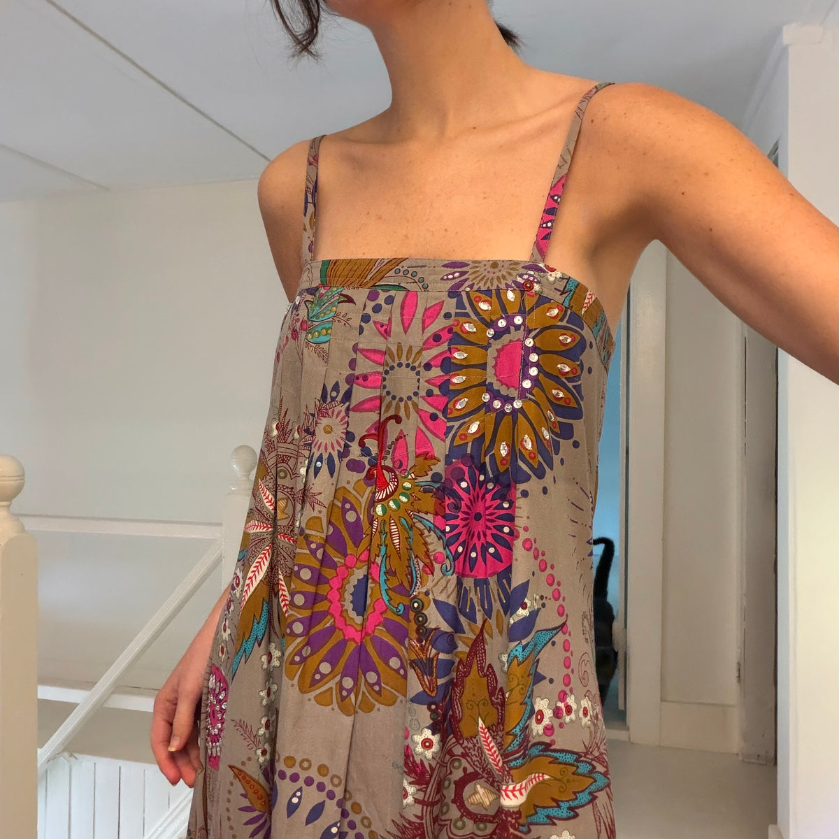 Antik Batik Vintage Y2K Rhinestone Embellished Floral Midi Dress Grey Size M