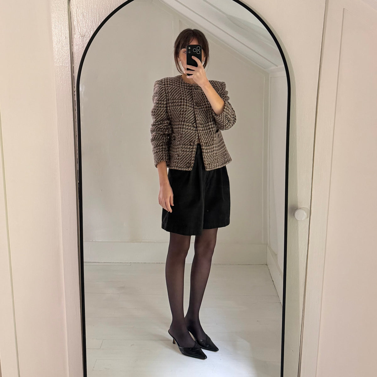 Herbert Grossman Vintage 90s Wool Houndstooth Collarless Blazer Jacket Size 8