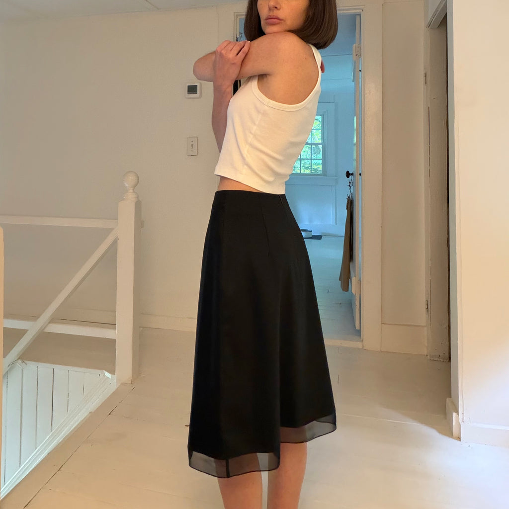 Saks Fifth Avenue Vintage Y2K Wool Sheer Mesh Trim Midi Skirt Size 6