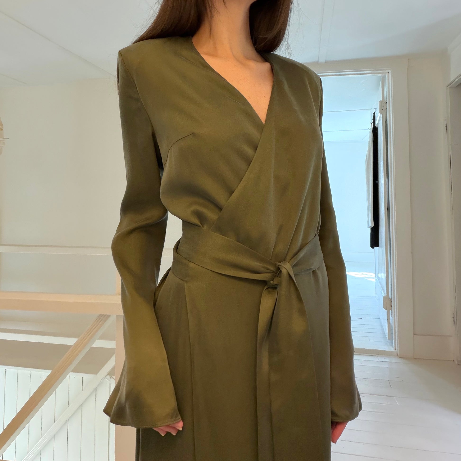 Omid by Hadar The Leah Satin Maxi Wrap Dress in Olive Green Size XS