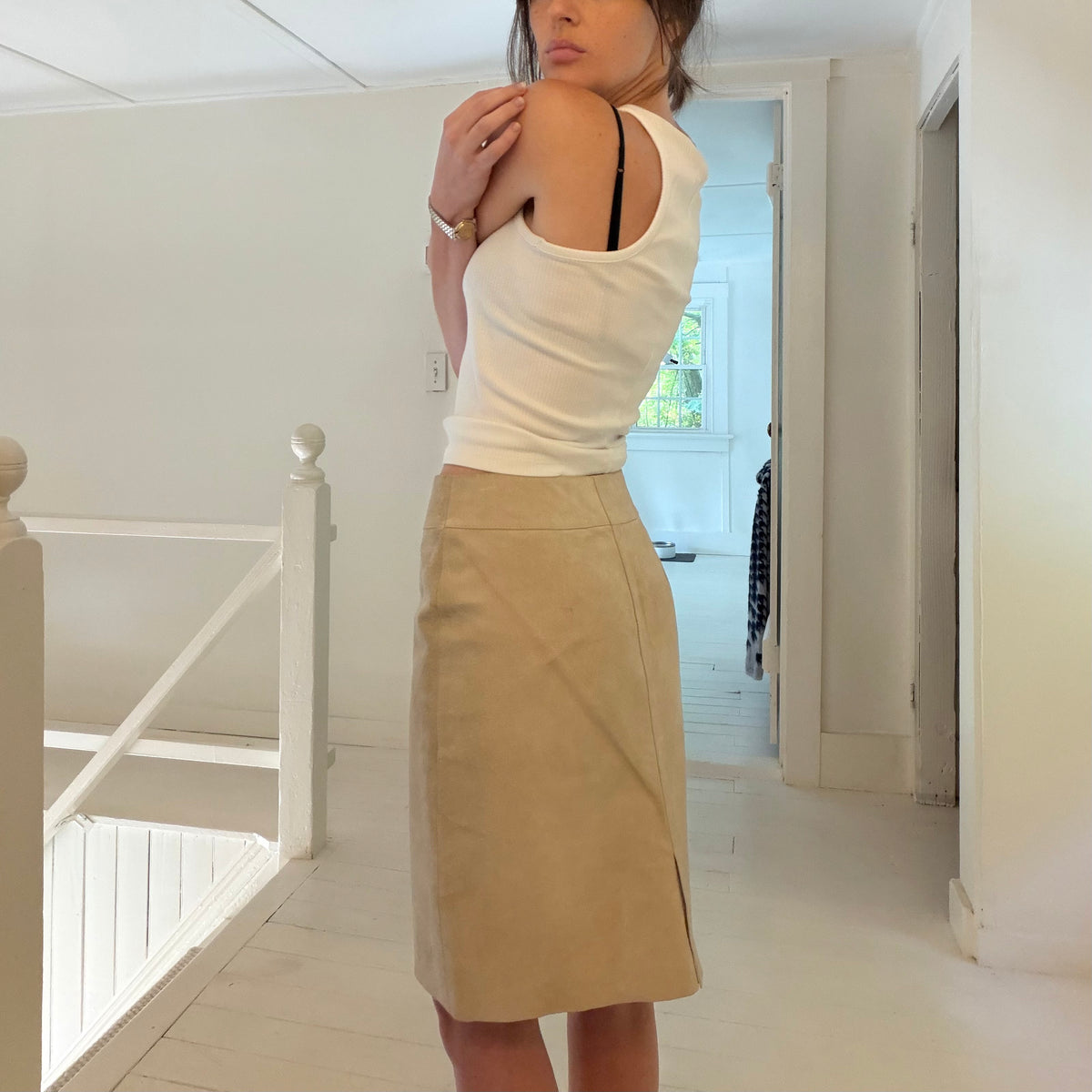 Express World Brand Vintage 90s Suede Leather Mini Pencil Skirt Size 1/2 Beige