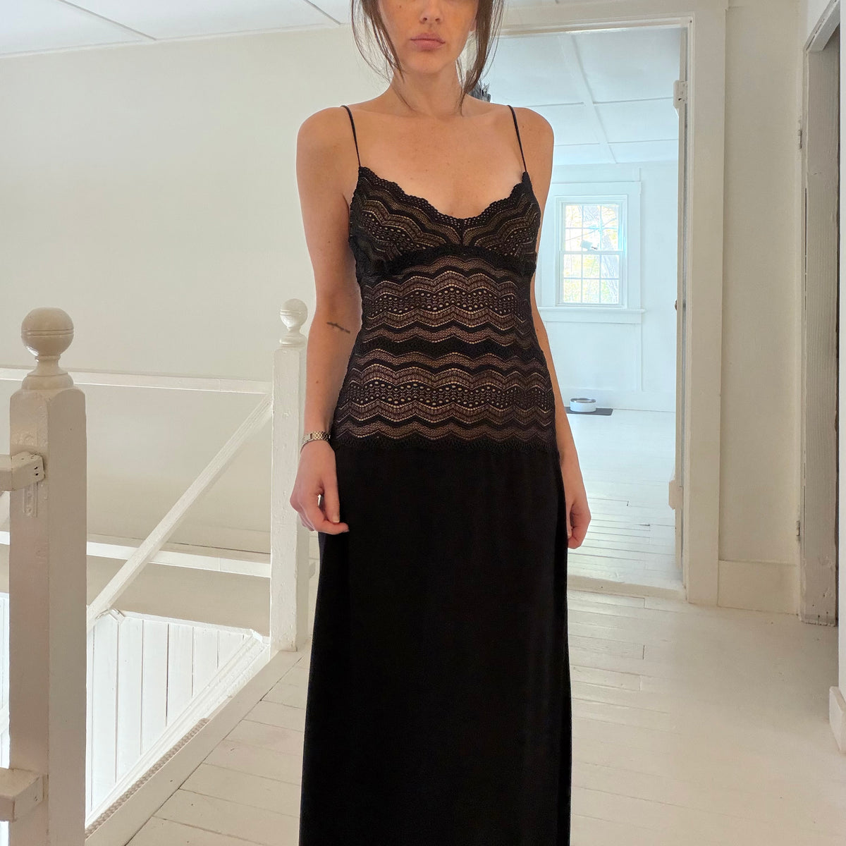 Cosabella Ceylon Lace Bodice Drop Waist Maxi Slip Dress in Black Size S