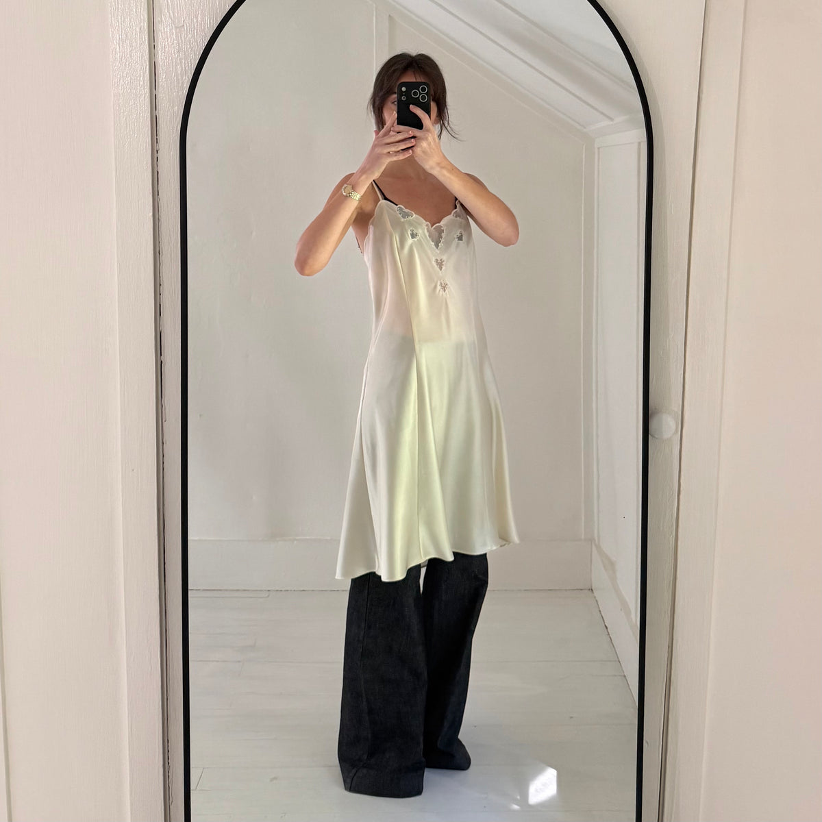 Valerie Stevens Vintage 90s Satin Heart Inset Midi Slip Dress Ivory Size L