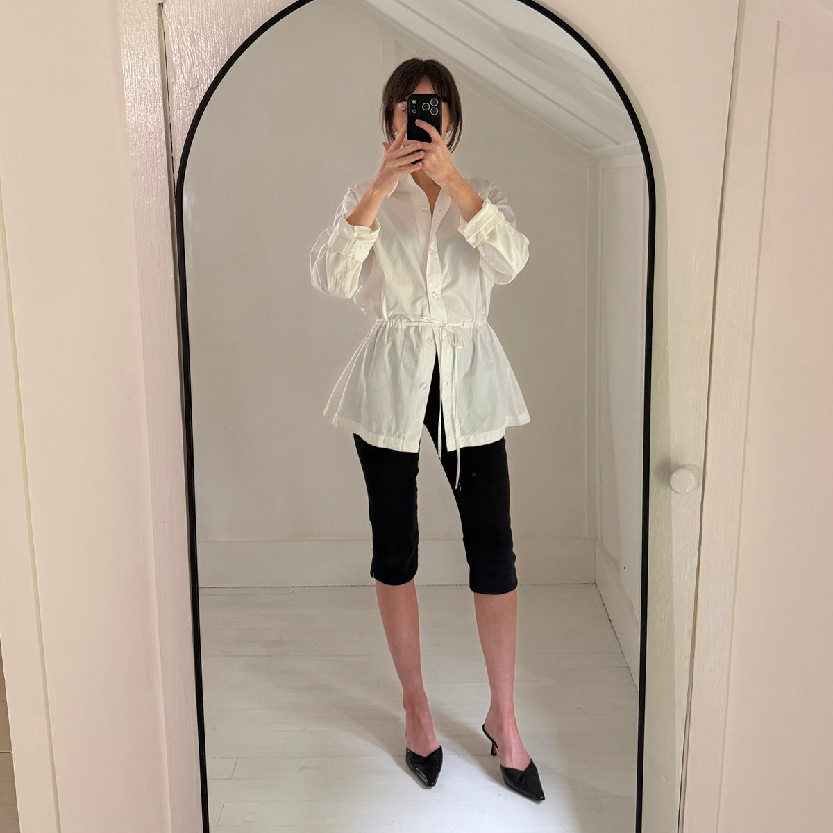 Emanuel Ungaro Poplin Drawstring Waist Button Down Shirt White Size S