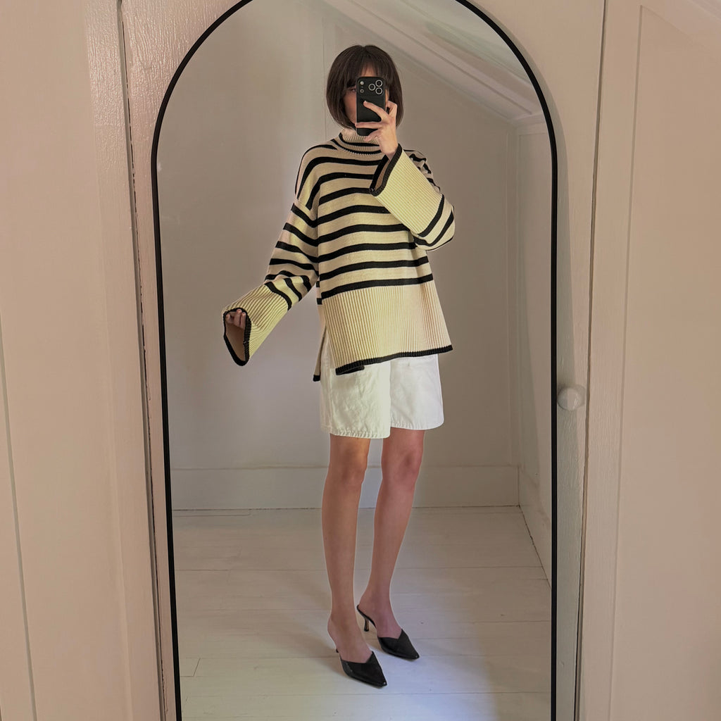 Toteme Signature Stripe Wool Turtleneck Sweater in Light Sand Size M