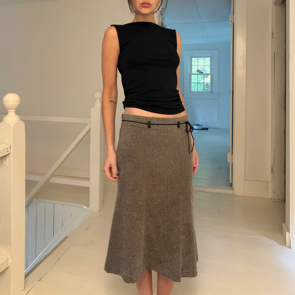 Powder Blu Vintage Y2K Herringbone Belted Midi Skirt Size 5 Grey