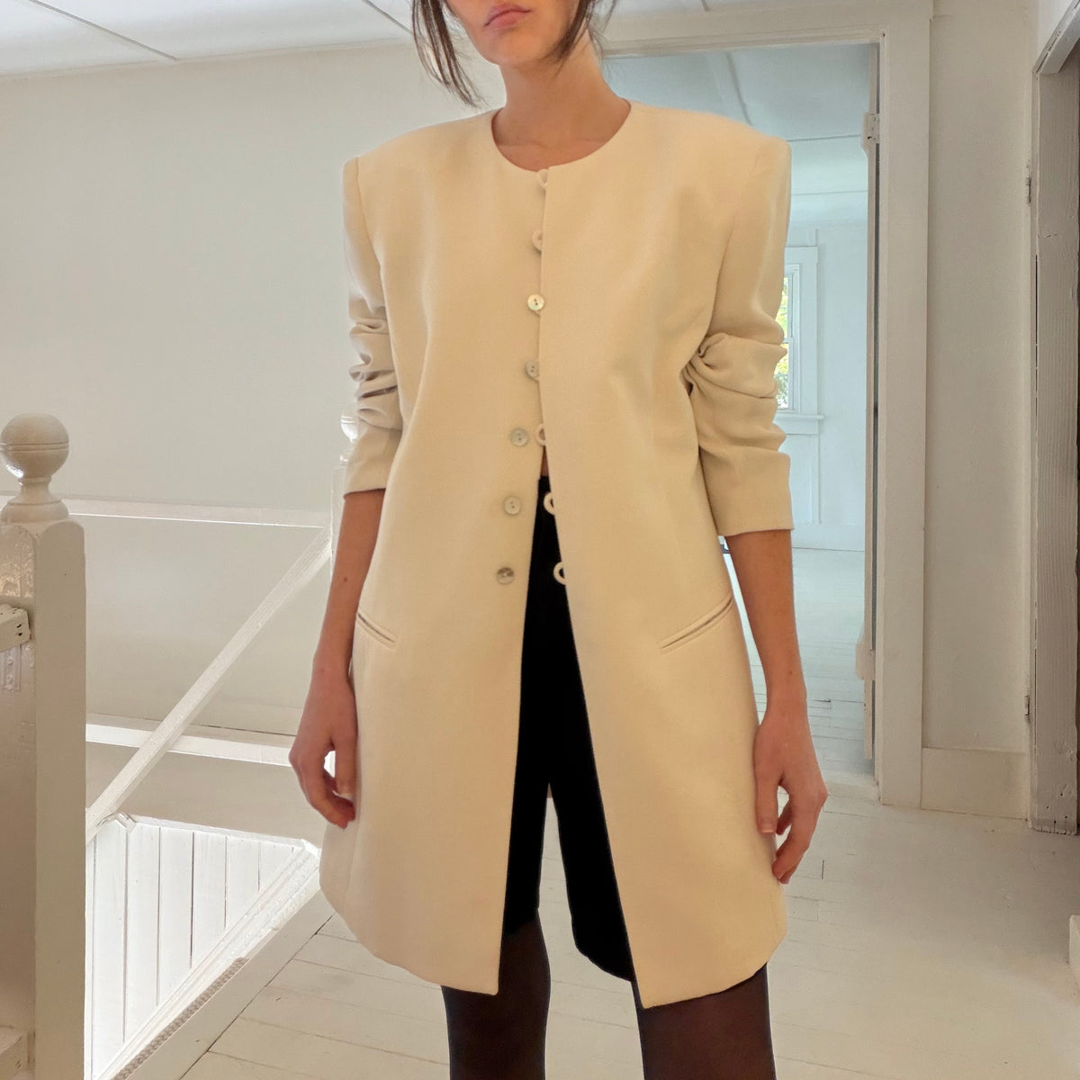 Jones New York Vintage 90s Button Loop Collarless Blazer Jacket Ivory Size 12
