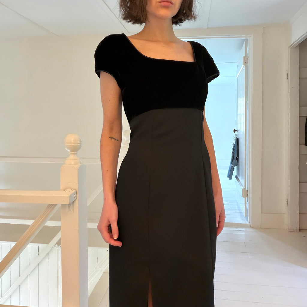 Vintage 90s Velvet Combo Rosette Empire Waist Maxi Dress Size 9-10