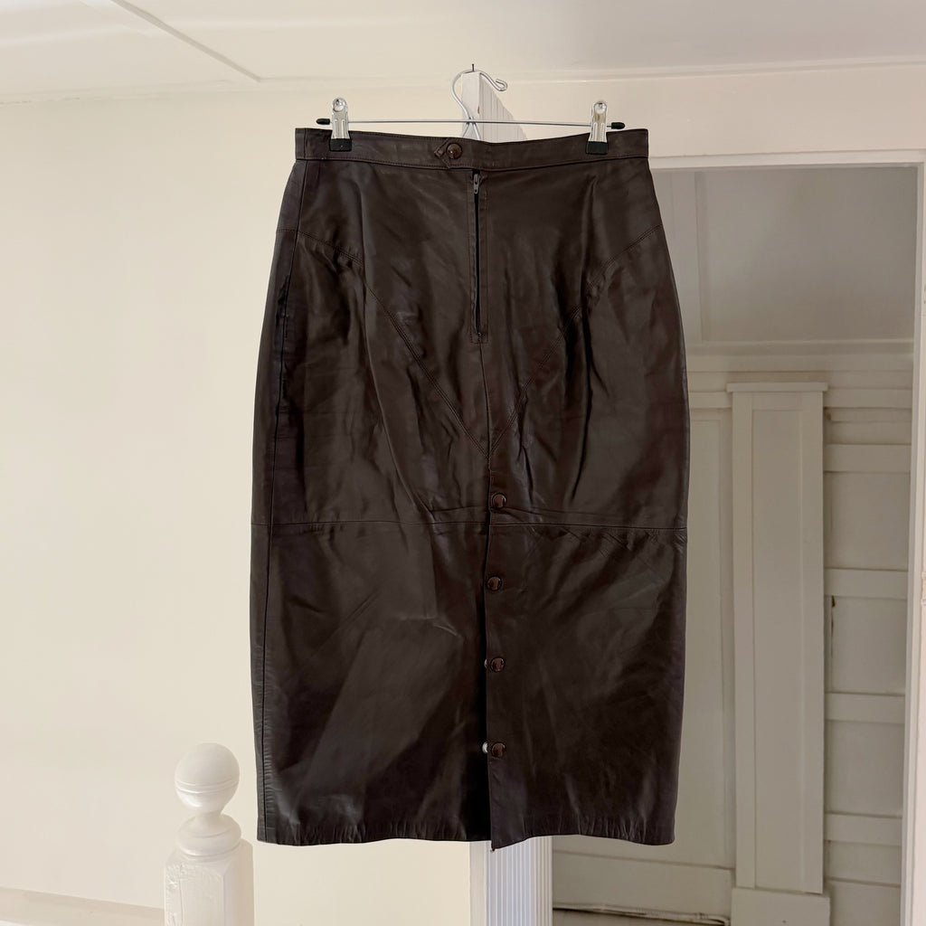 Lela Leather Vintage 80s Midi Pencil Skirt Size 11/12 Brown