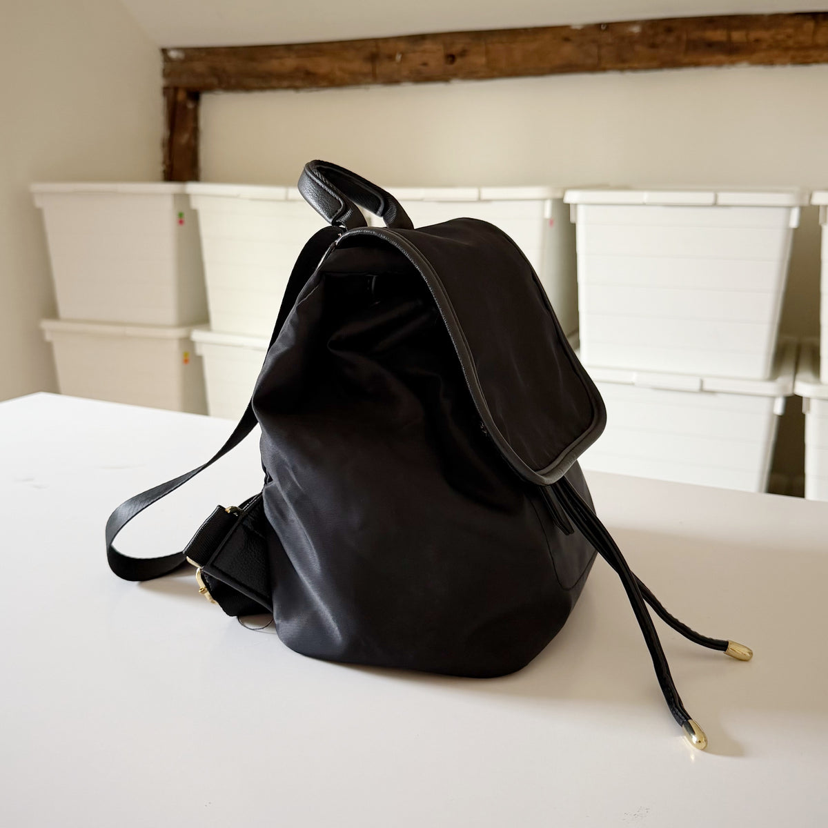 Nylon Faux Leather Trim Drawcord Mini Bucket Backpack Black