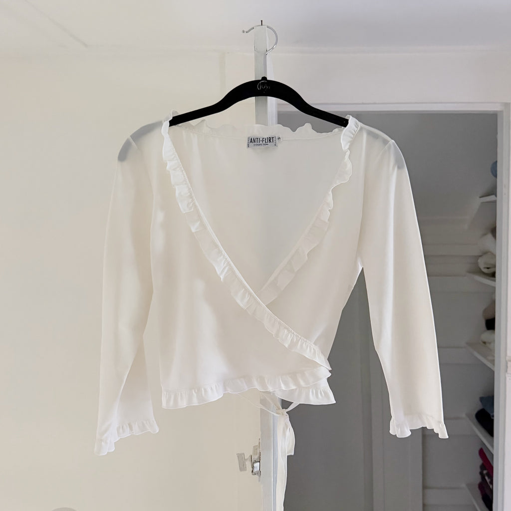 Anti-Flirt Collection Vintage 90s 3/4 Sleeve Ruffle Trim Wrap Top Size 3