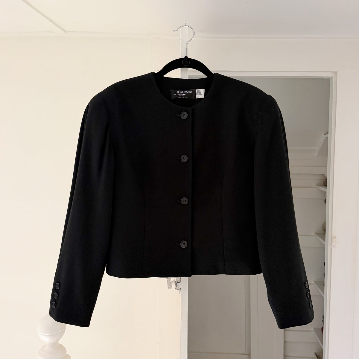 E.R. Gerard For Renlyn Vintage 90s Wool Collarless Blazer Jacket Black Size 6