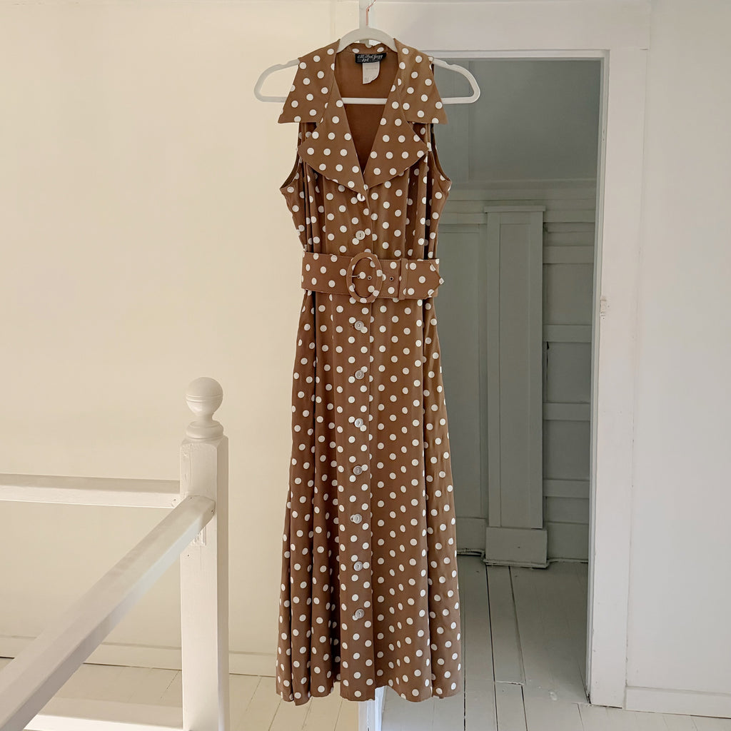 All That Jazz Vintage 90s Polka Dot Belted Buttoned Midi Dress Size 9/10