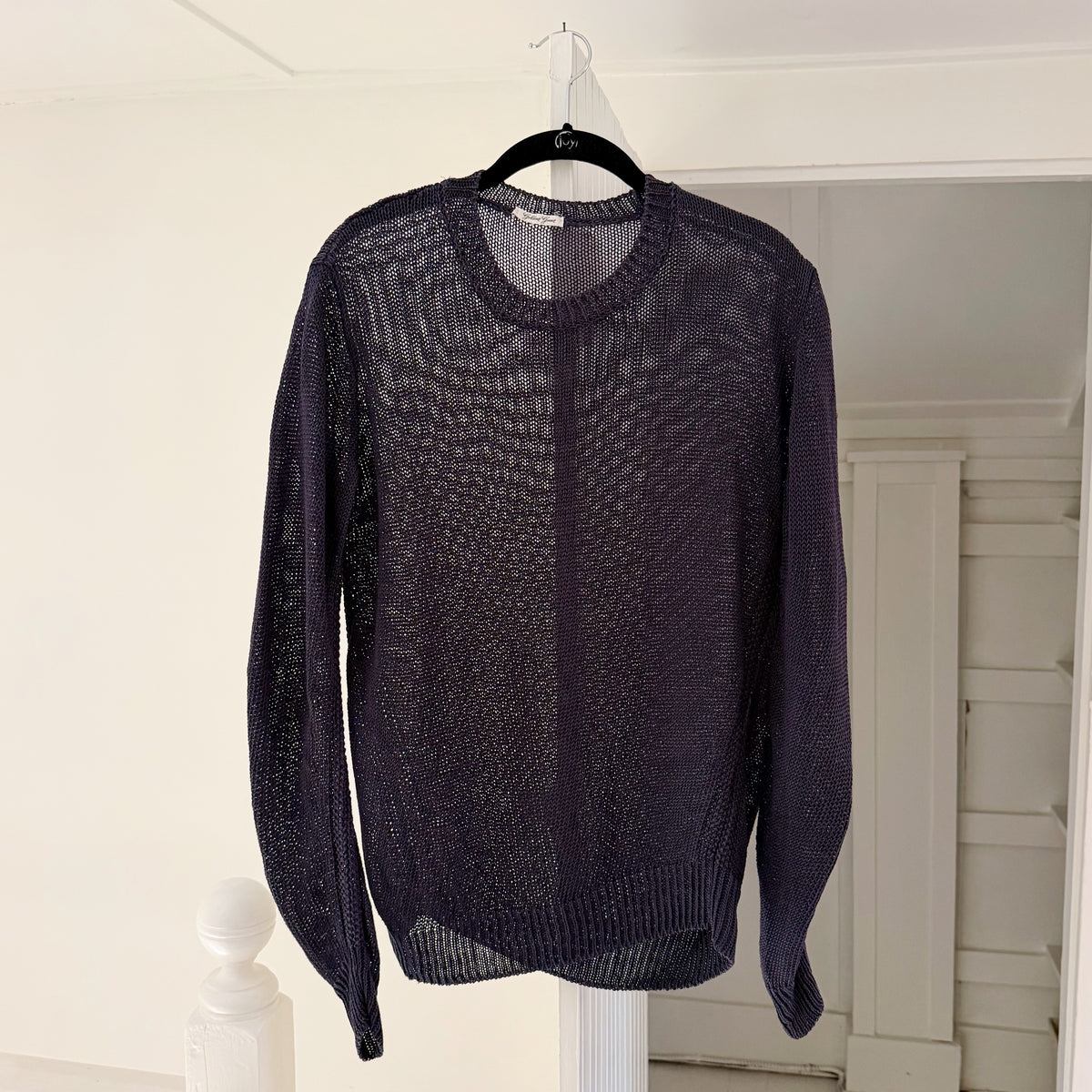 Golden Goose Silk Linen Sheer Open Knit Bias Cut Crewneck Sweater Navy