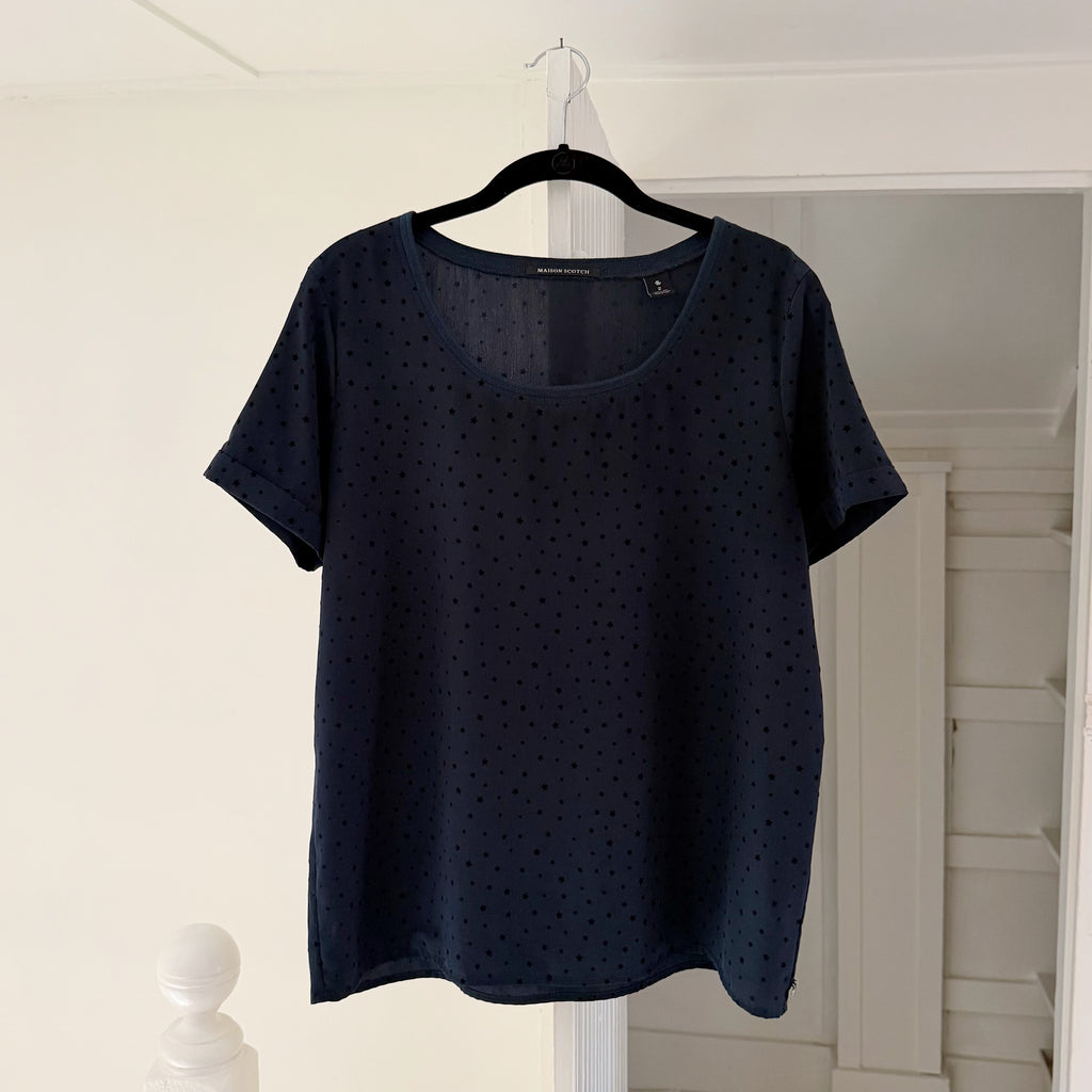 Maison Scotch Swiss Dot Star Print Short Sleeve Top Size 2 Navy