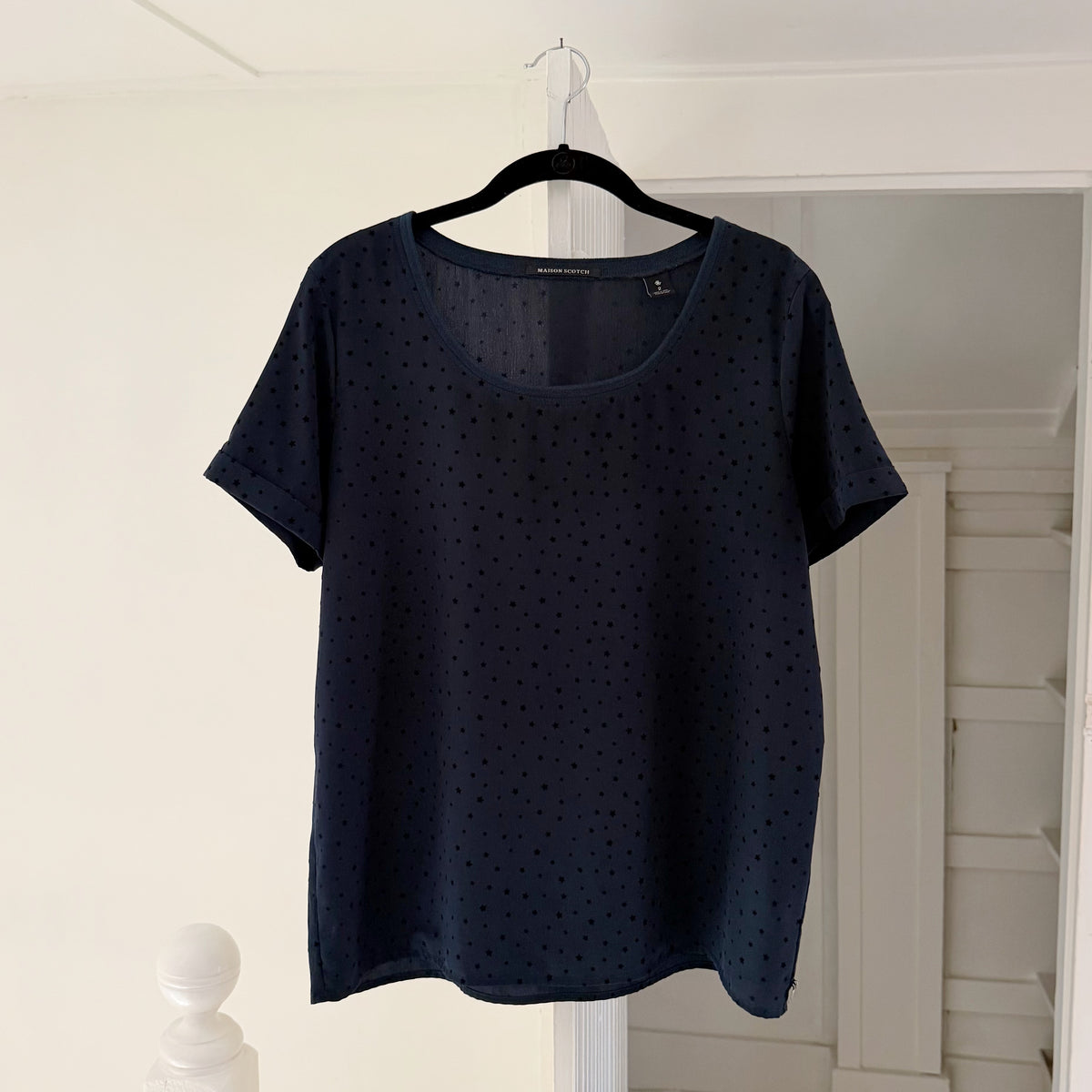 Maison Scotch Swiss Dot Star Print Short Sleeve Top Size 2 Navy