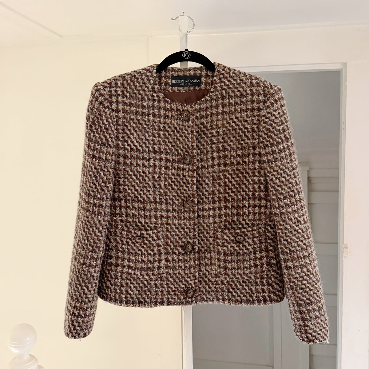 Herbert Grossman Vintage 90s Wool Houndstooth Collarless Blazer Jacket Size 8