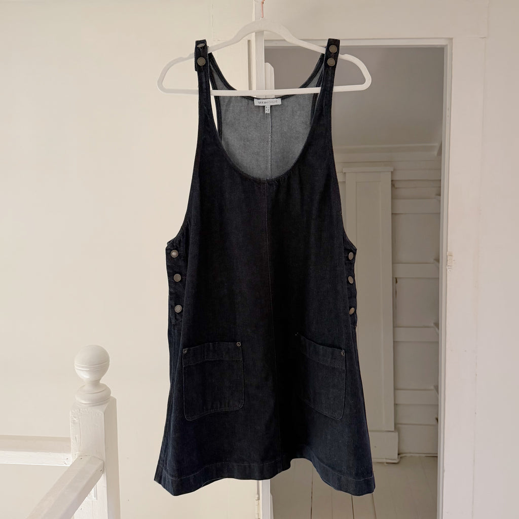 See By Chloe Vintage Y2K Mini Denim Overall Dress Size IT 46 Dark Wash