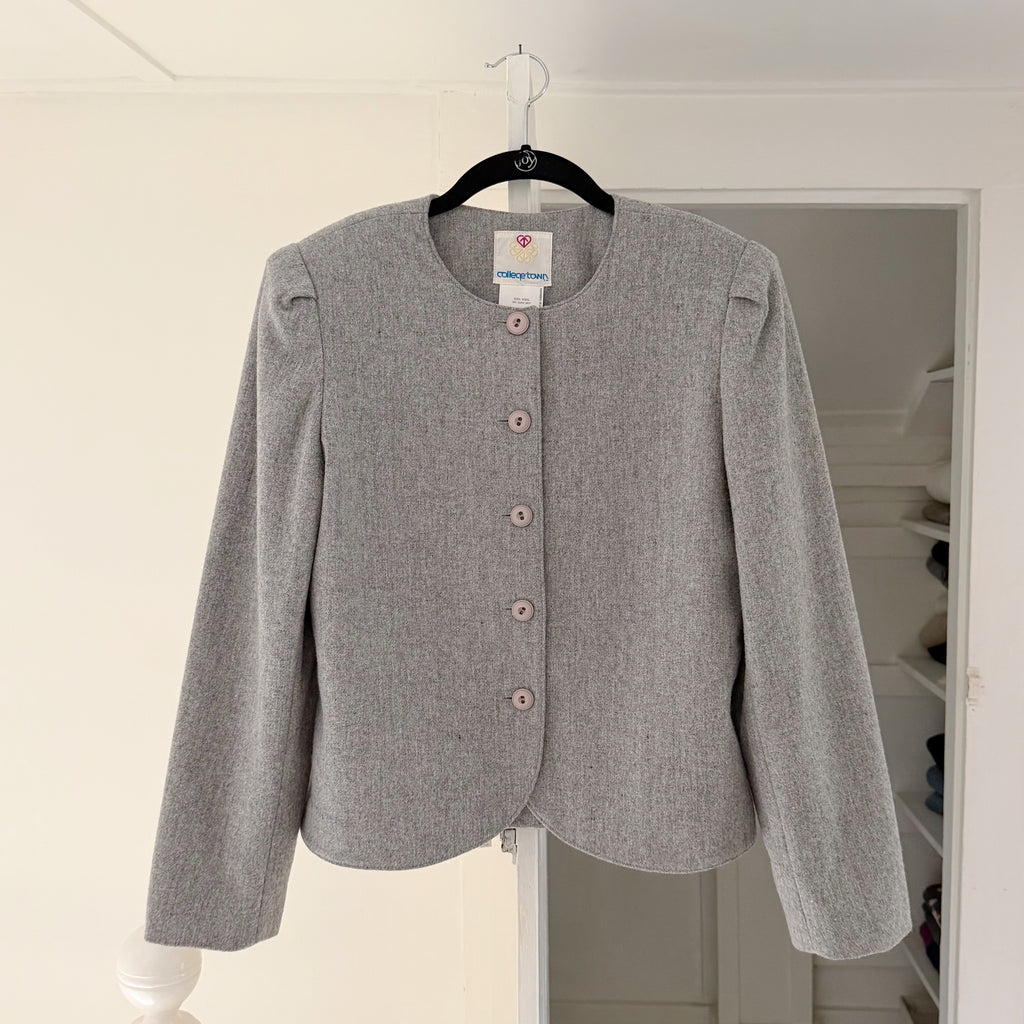 College Town Vintage 80s Wool Collarless Blazer Jacket Size 9/10 Grey