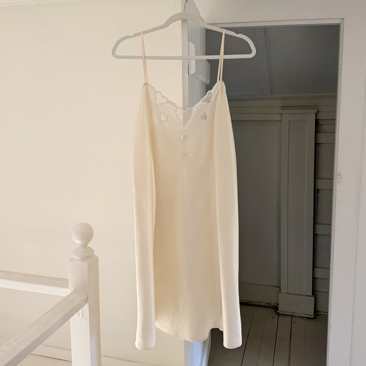 Valerie Stevens Vintage 90s Satin Heart Inset Midi Slip Dress Ivory Size L
