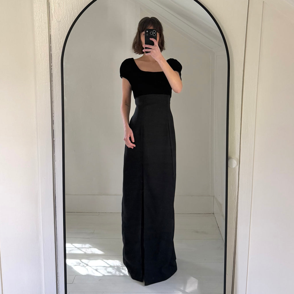 Vintage 90s Velvet Combo Rosette Empire Waist Maxi Dress Size 9-10