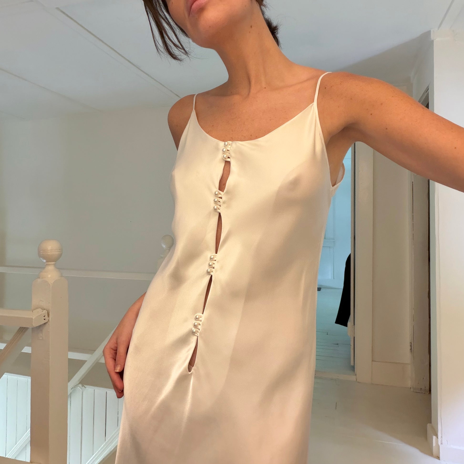 Miss Dior Lingerie Vintage 60s Satin Pearl Button Midi Slip Dress Size P