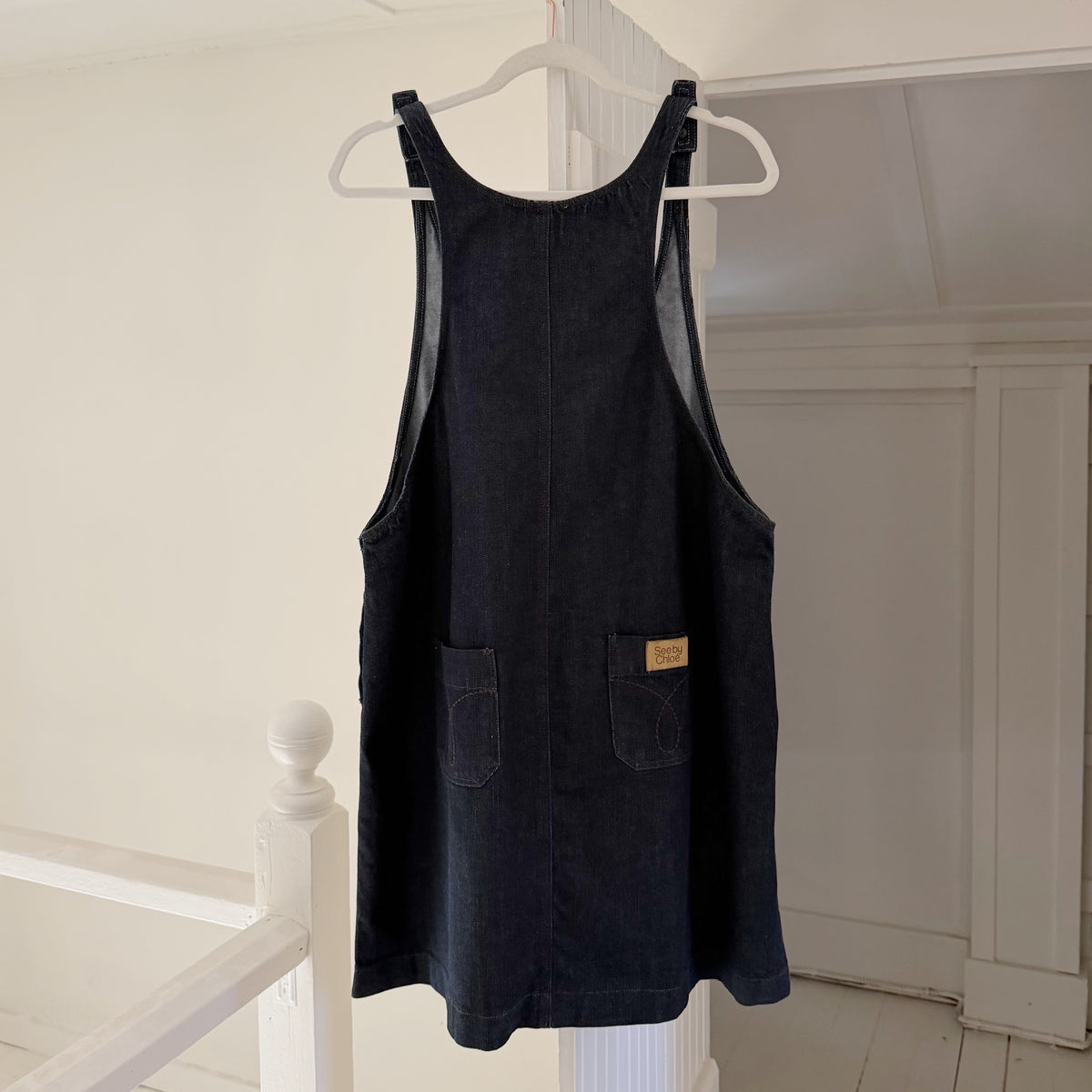 See By Chloe Vintage Y2K Mini Denim Overall Dress Size IT 46 Dark Wash