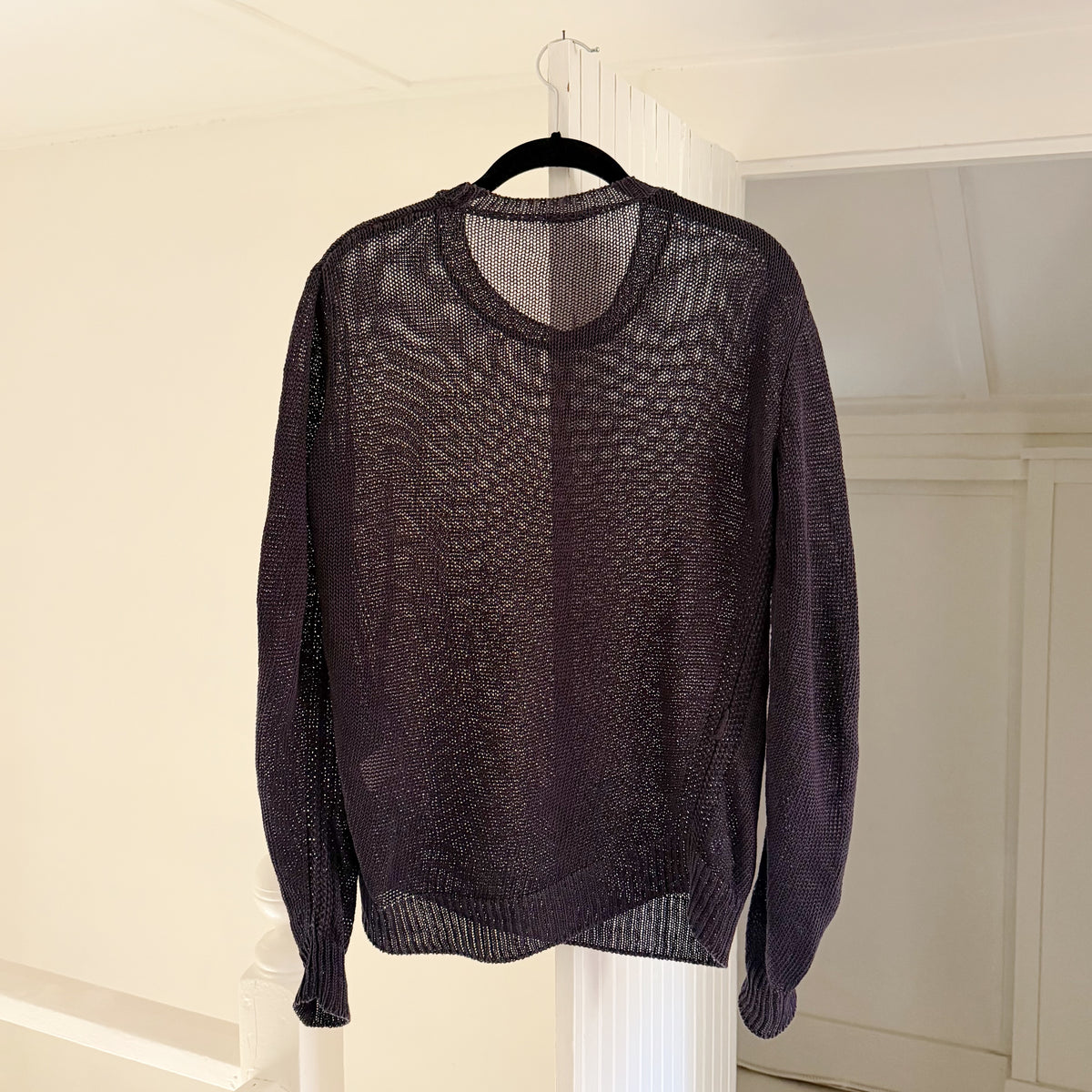 Golden Goose Silk Linen Sheer Open Knit Bias Cut Crewneck Sweater Navy