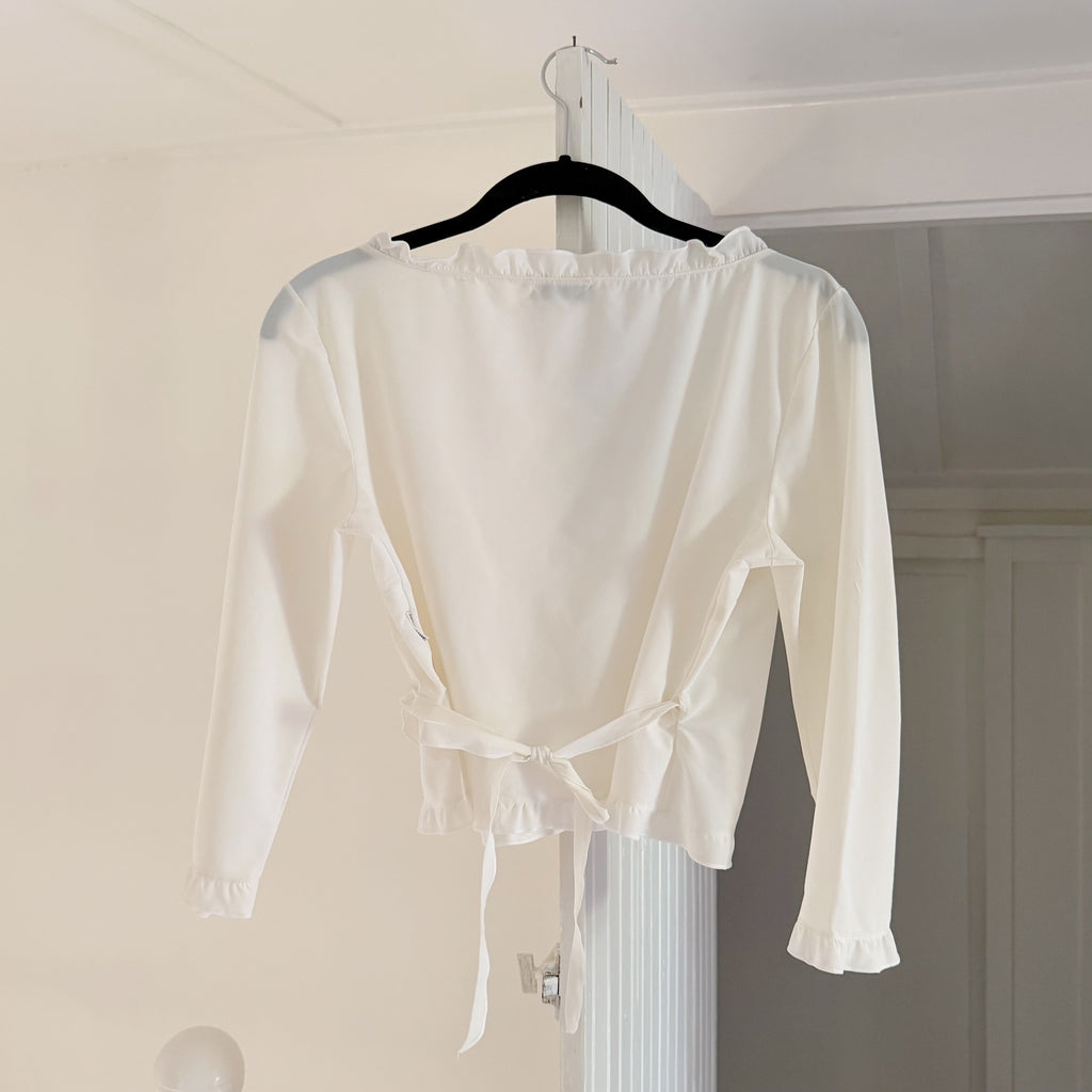 Anti-Flirt Collection Vintage 90s 3/4 Sleeve Ruffle Trim Wrap Top Size 3